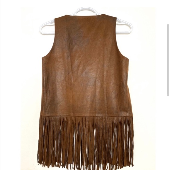 Mango Sueded Fringe Tank Top Sleveless V-Neck Vegan Brown Distressed Hippie Boho - Picture 3 of 9